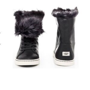 UGG Fur Trim Black Leather Sneaker Booties 6